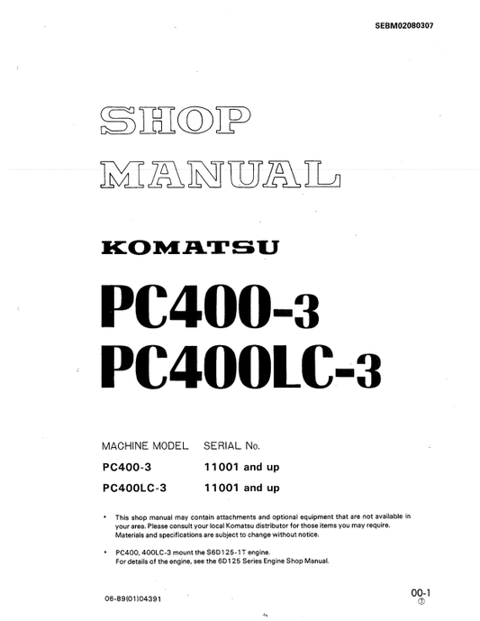 Komatsu PC400-3 Excavator Shop Manual S/N 11001-UP PDF