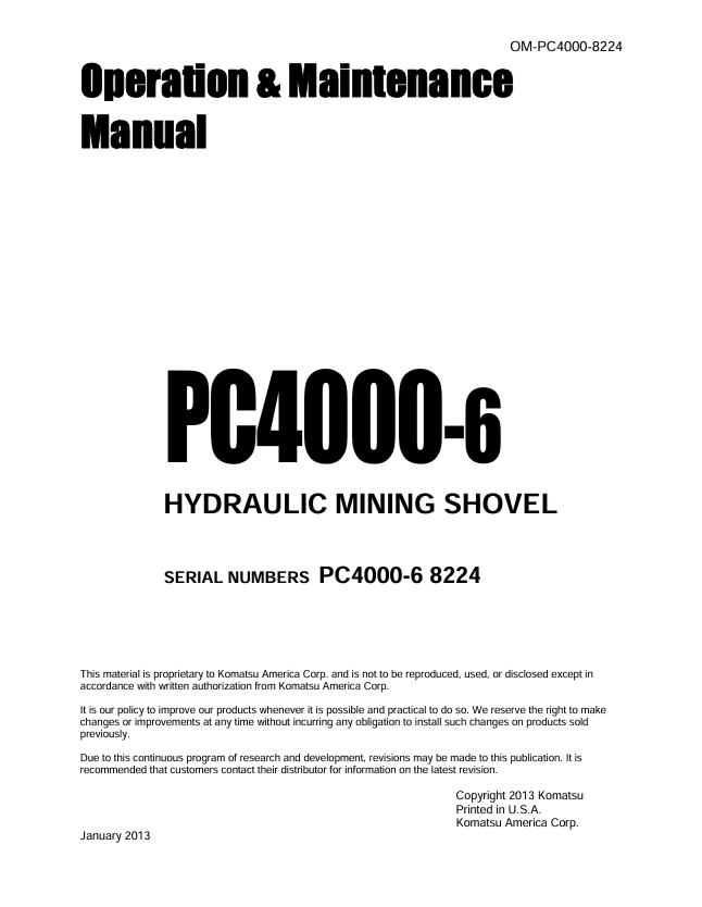 Komatsu PC4000-6 Hydraulic Mining Shovel Operation and Maintenance Manual OM-PC4000-8224