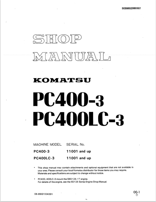 Komatsu PC400LC-3 Excavator Shop Manual S/N 11001-UP PDF