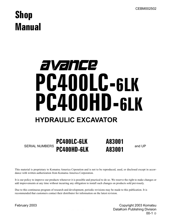 Komatsu PC400LC-6LK PC400HD-6LK Hydraulic Excavator Shop Manual – CEBM002502