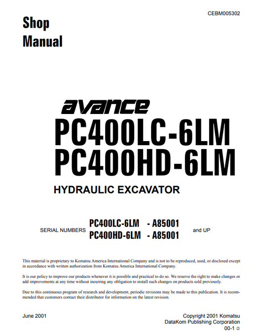 Komatsu PC400LC-6LM HD-6LM Excavator Shop Manual PDF