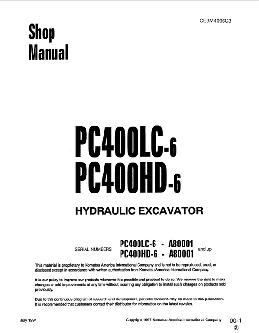 Komatsu PC400LC-6, PC400HD-6 Hydraulic Excavator Shop Manual CEBM4006C3 - PDF File