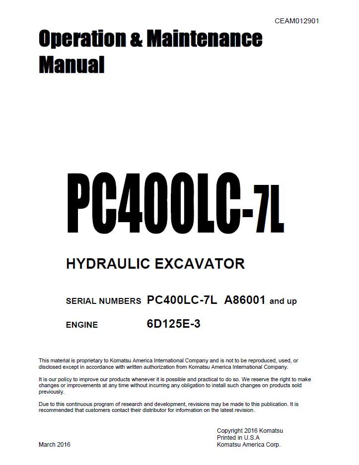 Komatsu PC400LC-7L Hydraulic Excavator Manual CEAM012901