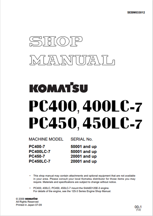 Komatsu PC400LC-7 Excavator Shop Manual S/N 50001-UP PDF