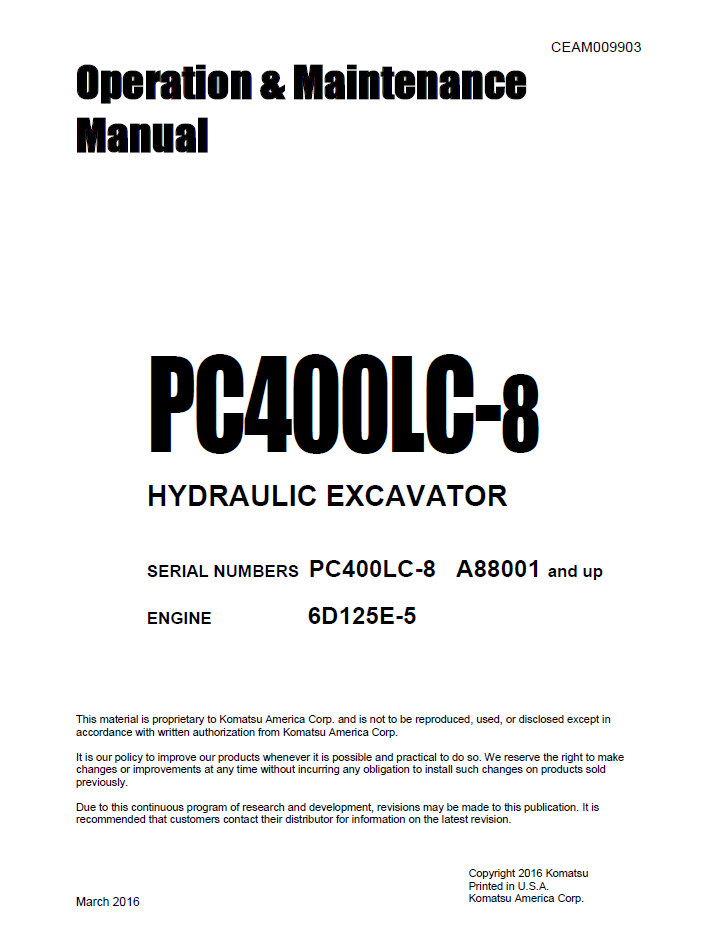 Komatsu PC400LC-8 Hydraulic Excavator Manual CEAM009903