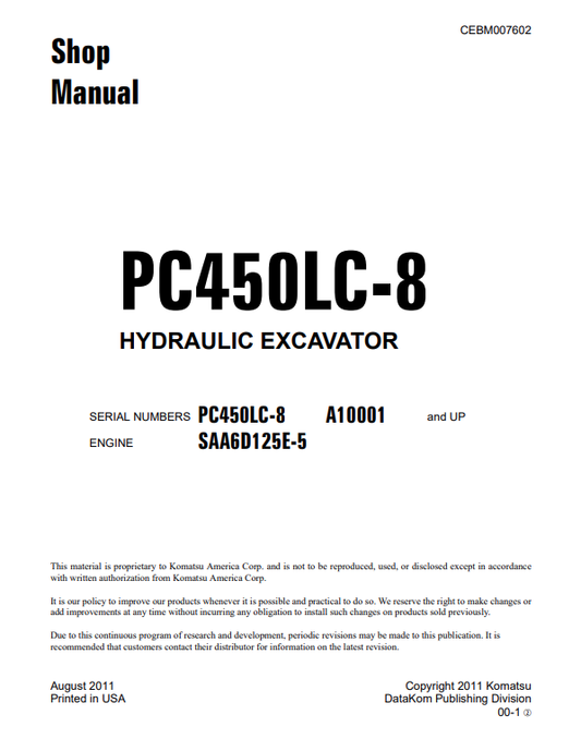 Komatsu PC450LC-8 Hydraulic Excavator Shop Manual A10001-UP