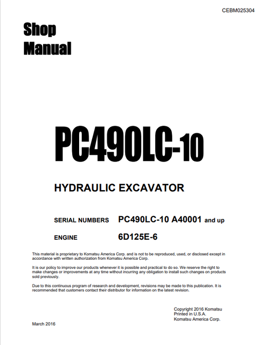 Komatsu PC490LC-10 Excavator Shop Manual S/N A40001-UP - PDF File