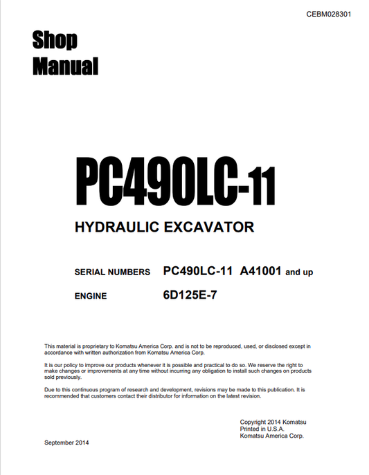 Komatsu PC490LC-11 Hydraulic Excavator Shop Manual A41001-UP