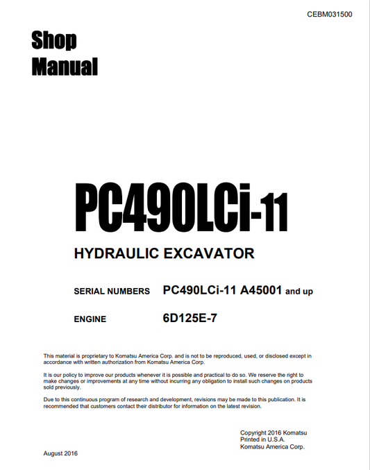 Komatsu PC490LCi-11 Hydraulic Excavator Shop Manual A45001-UP