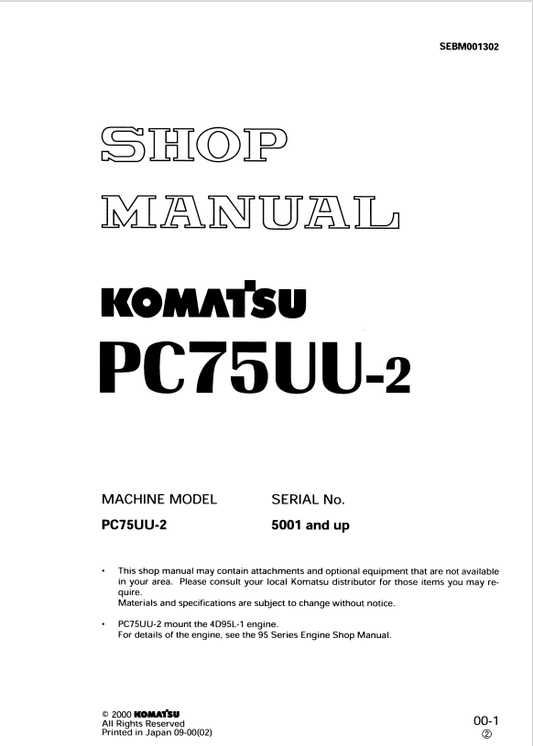 Komatsu PC75UU-2 Excavator Shop Manual SN: 5001 and Up - PDF File