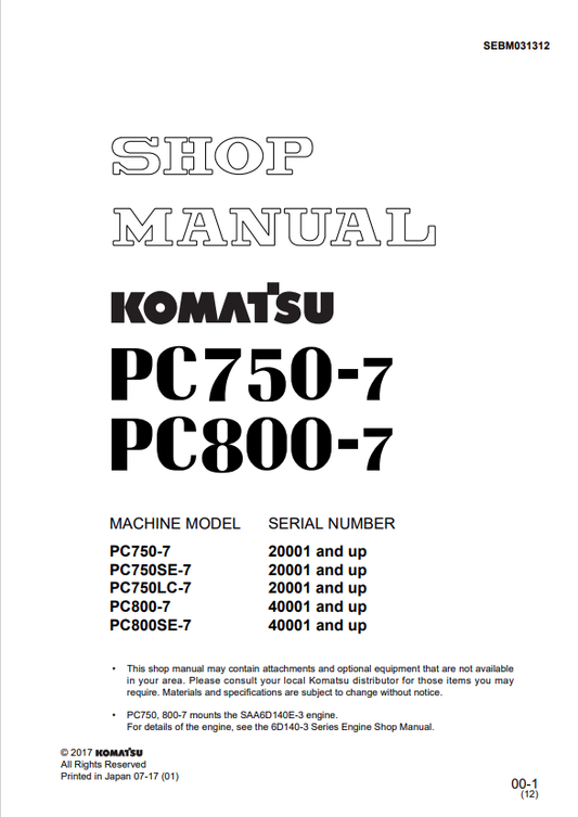 Komatsu PC800-7 Excavator Shop Manual S/N 40001-UP PDF