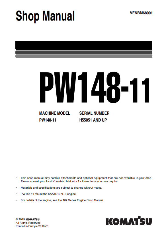 Komatsu PW148-11 Hydraulic Excavator Shop Manual PDF