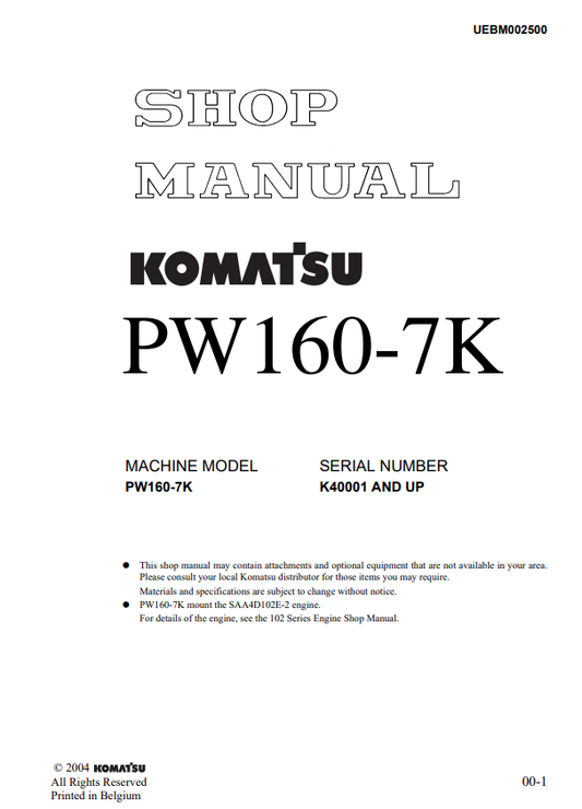 Komatsu PW160-7K Hydraulic Excavator Shop Manual K40001-UP