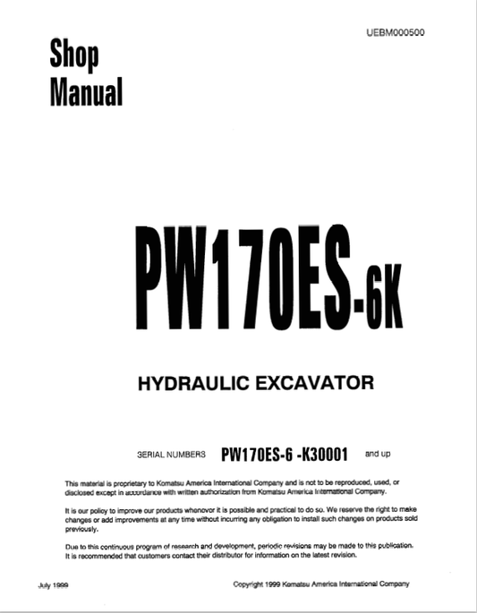 Komatsu PW170ES-6K Hydraulic Excavator Shop Manual K30001-UP