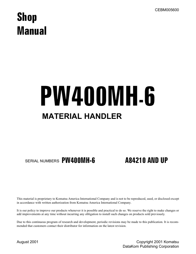 Komatsu PW400MH-6 Material Handler Shop Manual – CEBM005600