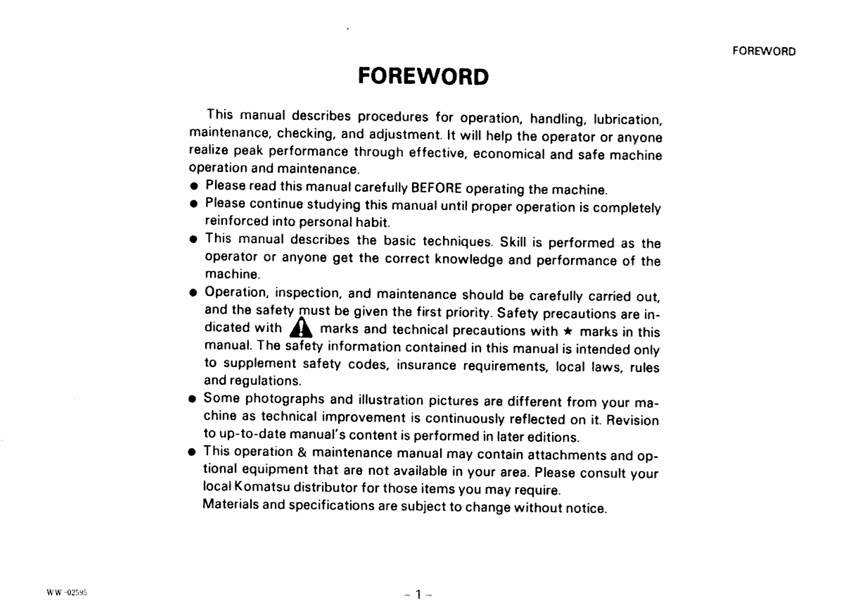 Komatsu PW60-3 Excavator Operation & Maintenance Guide – Manual SEAM020B0303