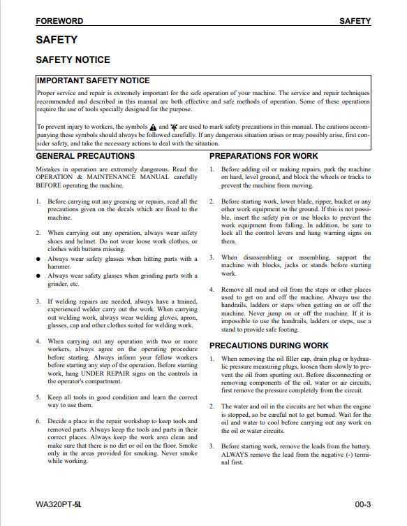 Komatsu Parallel Tool Carrier WA320PT-5L Troubleshooting Manual
