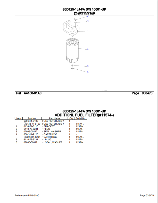 Komatsu S6D125-1JJ-FA Engine Parts Book 10001-UP