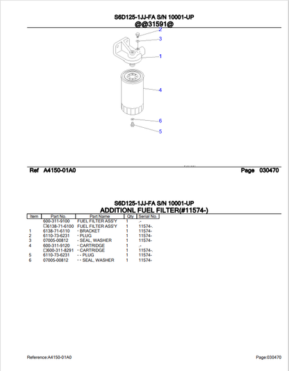 Komatsu S6D125-1JJ-FA Engine Parts Book 10001-UP