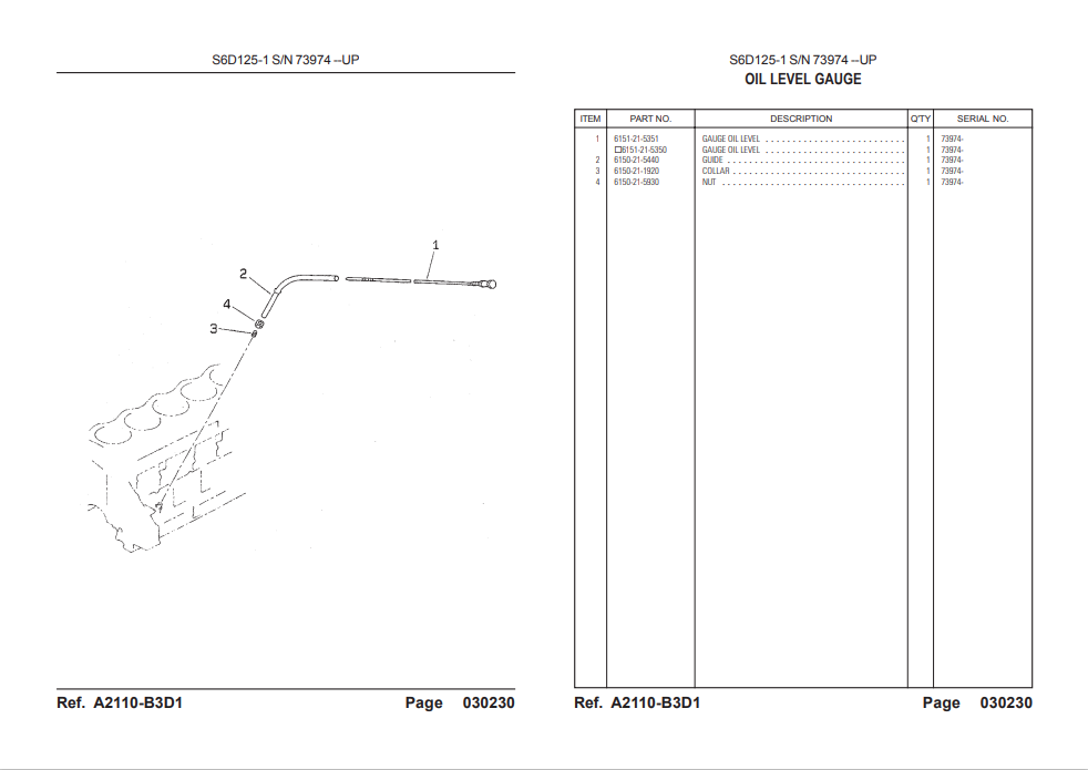 Komatsu S6D125-1 Engine Parts Book SN 73974