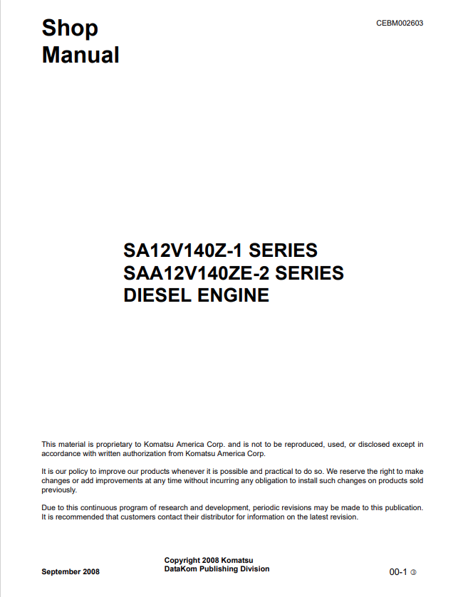 Komatsu SA12V140Z-1 SAA12V140ZE-2 Engine Shop Manual PDF