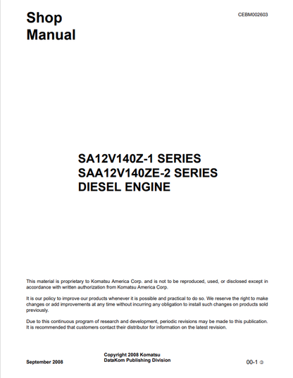 Komatsu SA12V140Z-1 SAA12V140ZE-2 Engine Shop Manual PDF