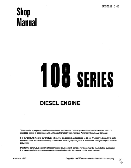 Komatsu SA6D108-1G-7 Engine Shop Manual S/N 10001-UP - PDF File