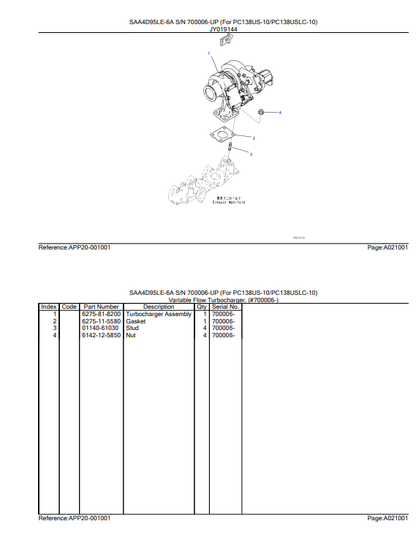 Komatsu SAA4D95LE-6A Diesel Engine Parts Book 700006-UP