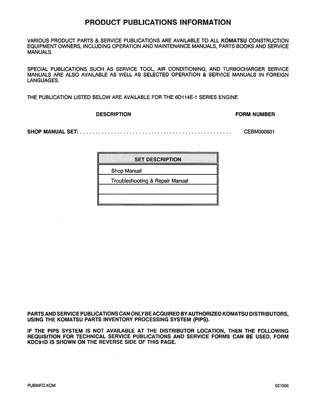 Komatsu SAA6D114E-1 Diesel Engine Repair Manual CEBM000601