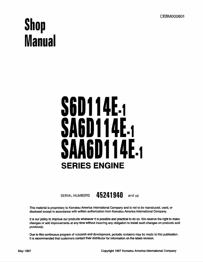 Komatsu SAA6D114E-1 Series Engine Shop Manual CEBM000601 PDF