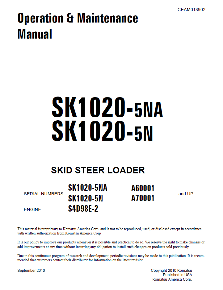 Komatsu SK1020-5NA SK1020-5N Skid Steer Loader Manual CEAM013902