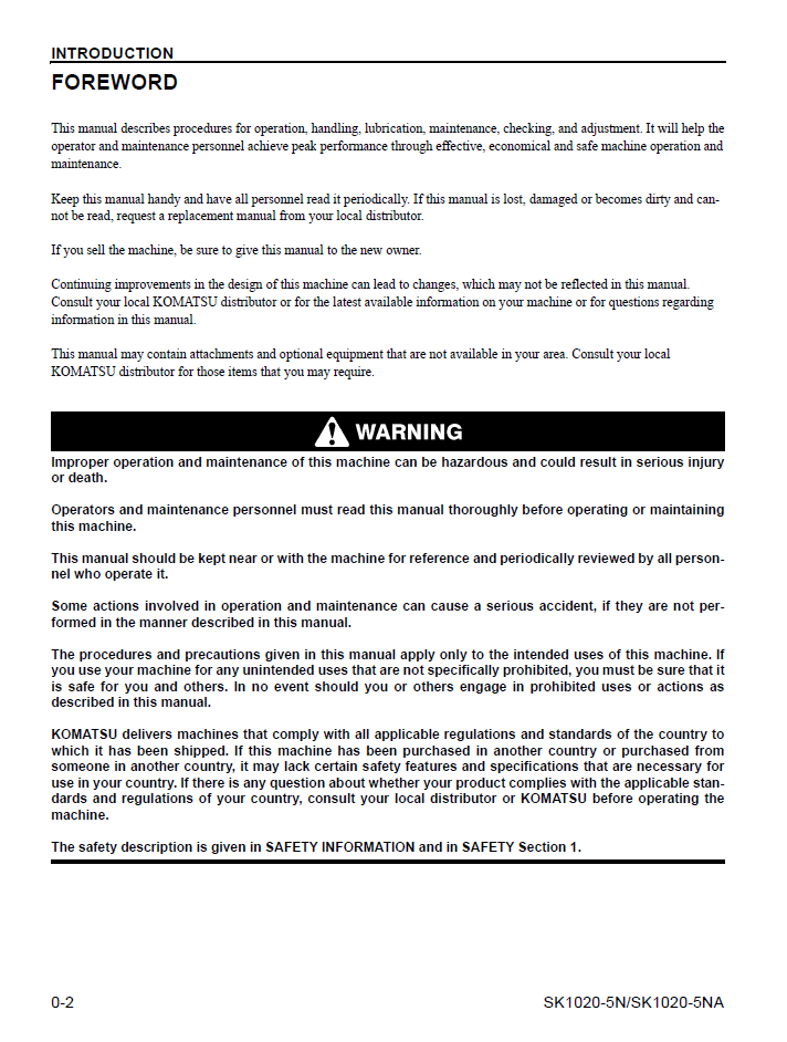 Komatsu SK1020-5NA and SK1020-5N Operation and Maintenance Manual CEAM013902