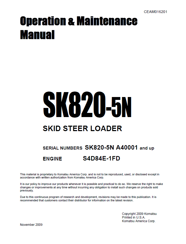 Komatsu SK820-5N Skid Steer Loader Manual CEAM016201