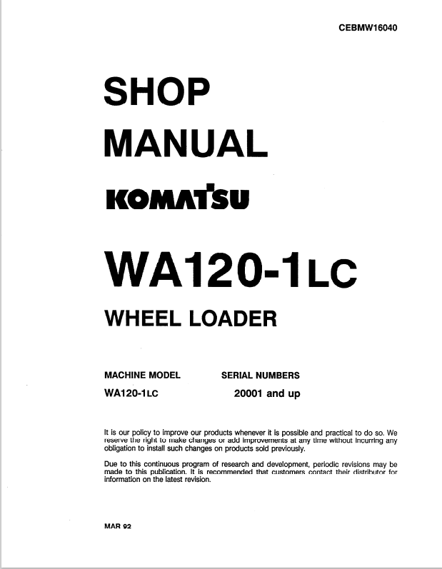 Komatsu WA120-1LC Wheel Loader Shop Manual CEBMW16040