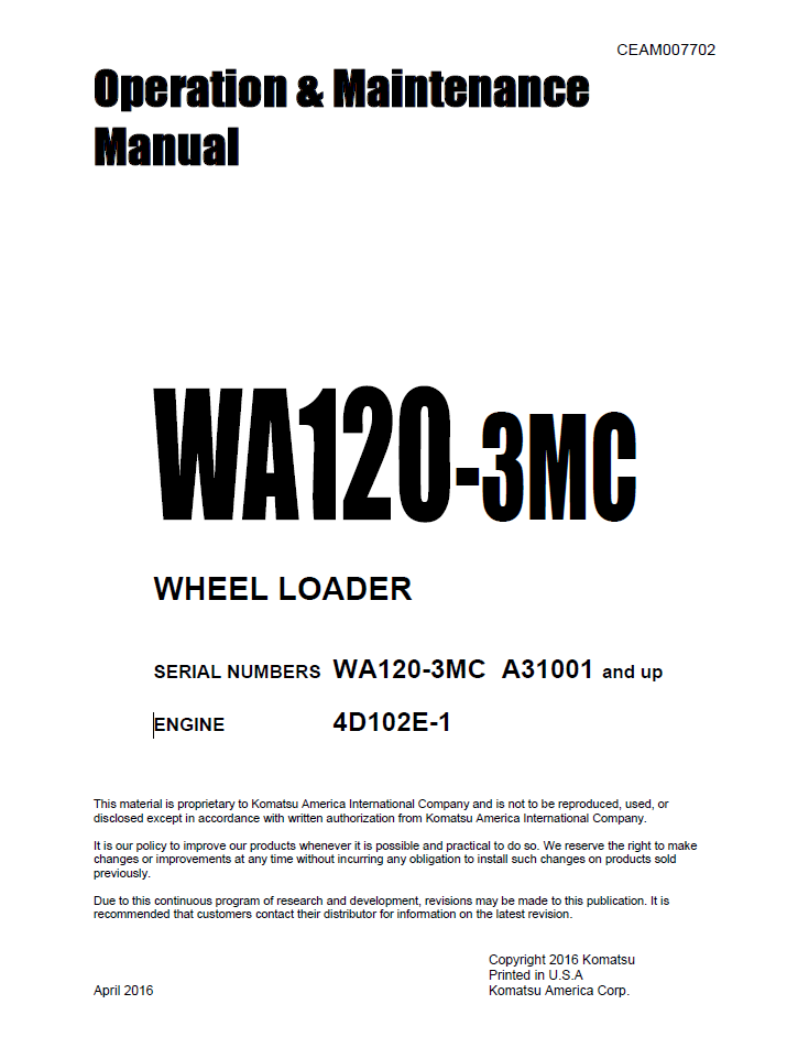 Komatsu WA120-3MC Wheel Loader Operation and Maintenance Manual CEAM007702