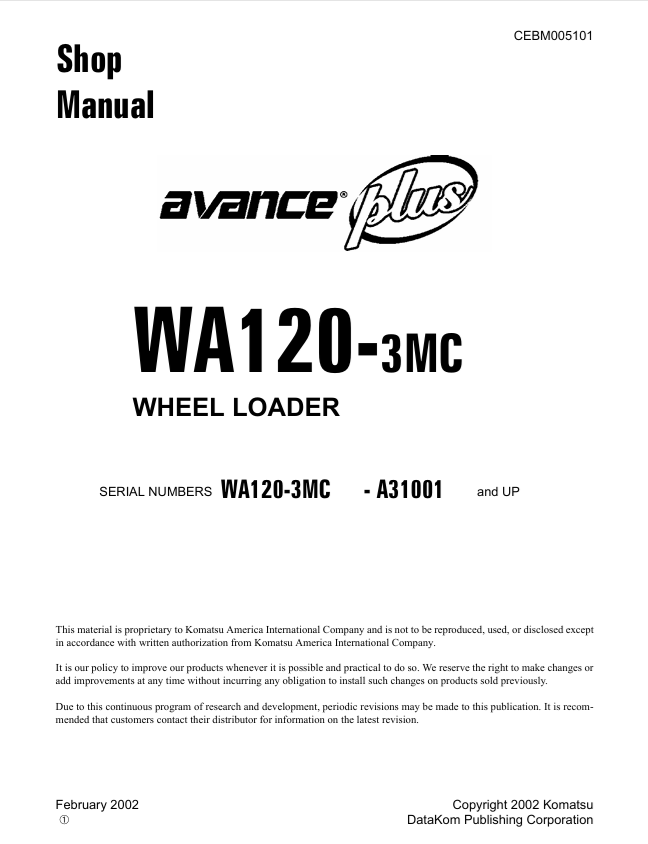Komatsu WA120-3MC Wheel Loader Shop Manual – CEBM005101