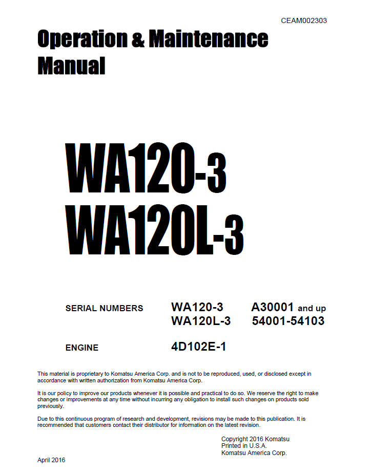 Komatsu WA120-3 WA120L-3 Wheel Loader Manual CEAM002303
