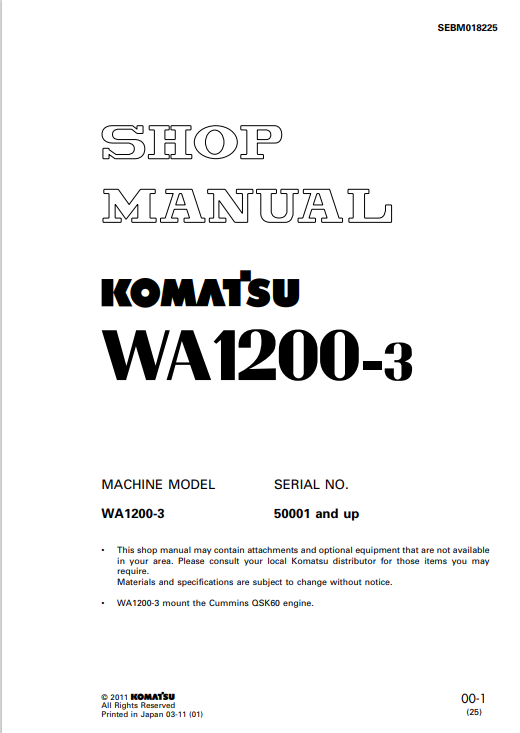 Komatsu WA1200-3 Wheel Loader Shop Manual SN 50001-UP PDF