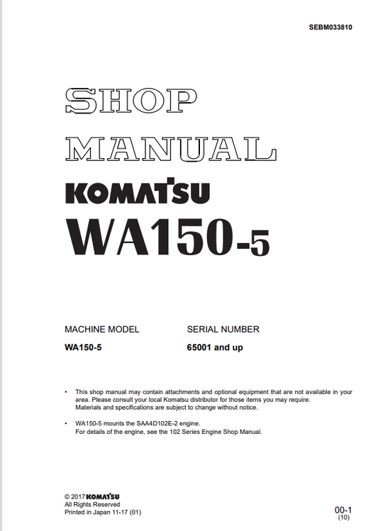Komatsu WA150-5 Wheel Loader Shop Manual S/N 65001-UP