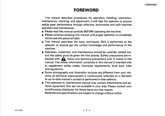 Komatsu WA180-1 Wheel Dozer Operator & Maintenance Guide