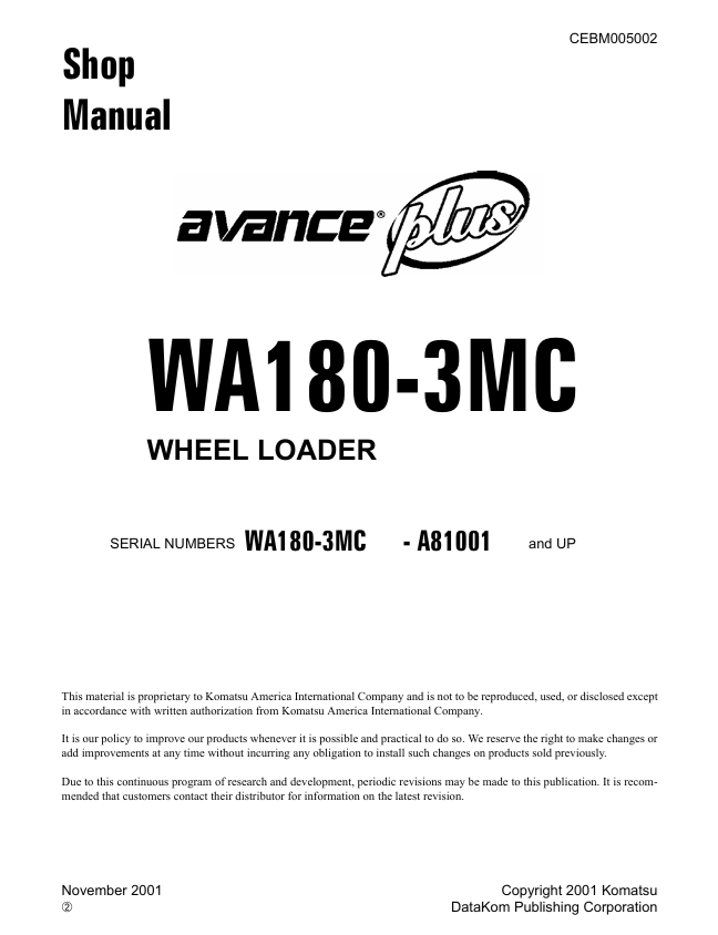 Komatsu WA180-3MC Wheel Loader Shop Manual – CEBM005002
