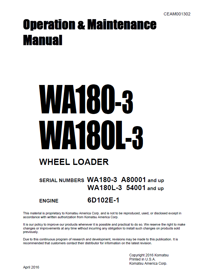 Komatsu WA180-3 WA180L-3 Wheel Loader Manual CEAM001302