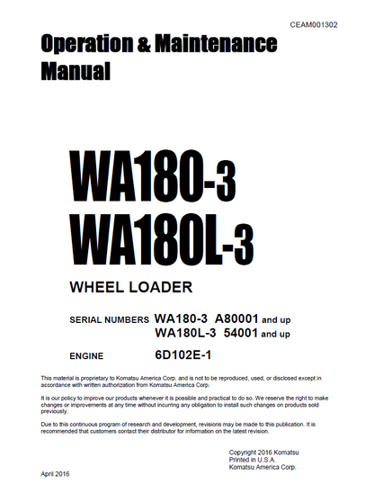 Komatsu WA180-3 WA180L-3 Wheel Loader Manual CEAM001302