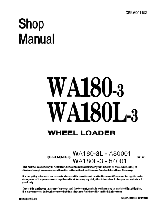 Komatsu WA180-3 WA180L-3 Wheel Loader Shop Manual PDF