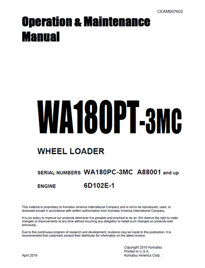 Komatsu WA180PT-3MC Wheel Loader Operation and Maintenance Manual CEAM007602