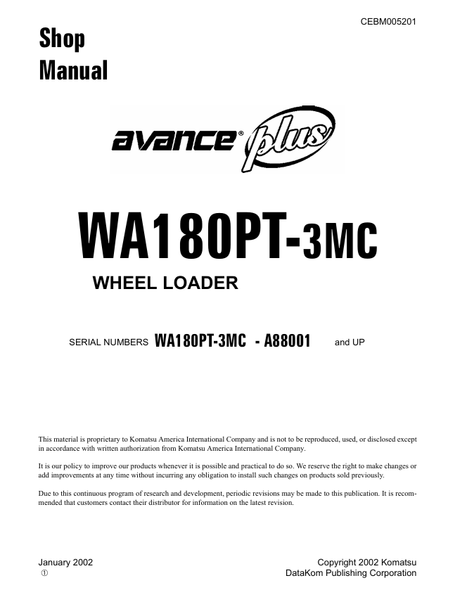 Komatsu WA180PT-3MC Wheel Loader Shop Manual – CEBM005201