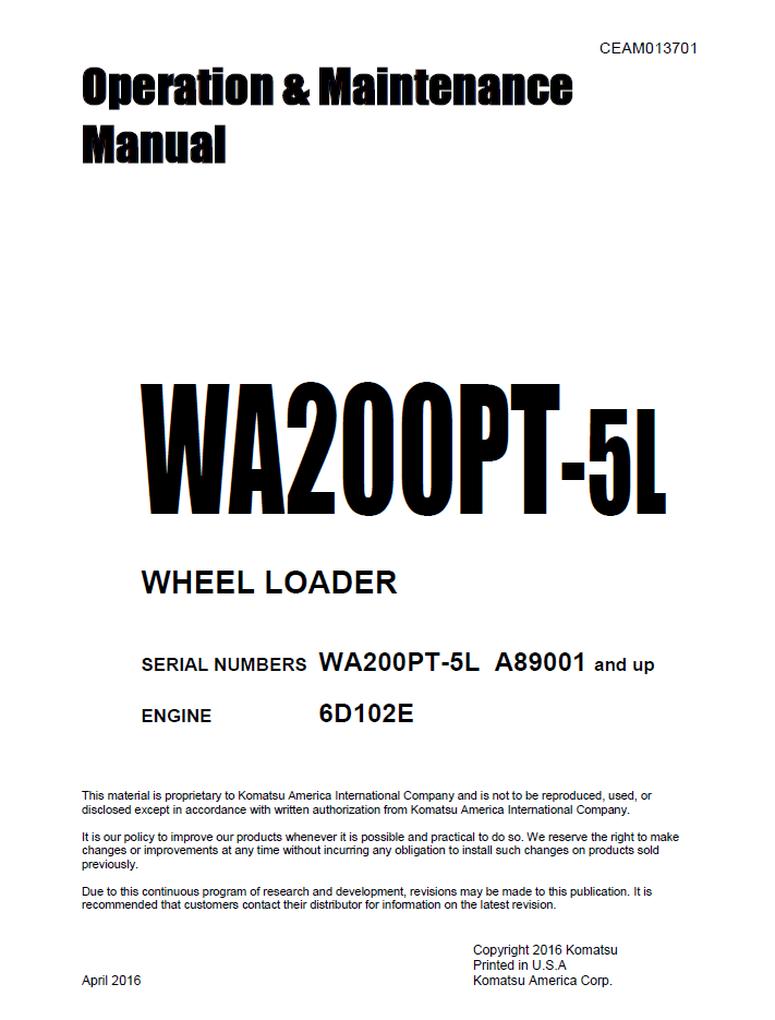 Komatsu WA200PT-5L Wheel Loader Manual CEAM013701