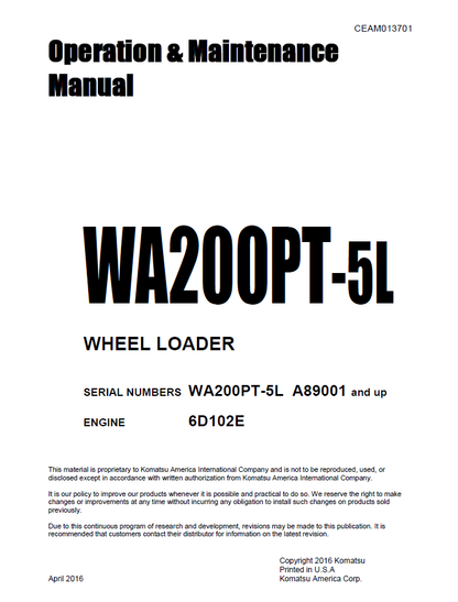 Komatsu WA200PT-5L Wheel Loader Manual CEAM013701