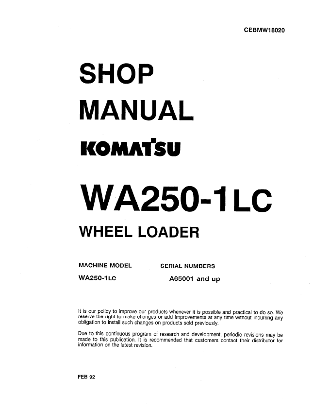 Komatsu WA250-1LC Wheel Loader Shop Manual CEBMW18020