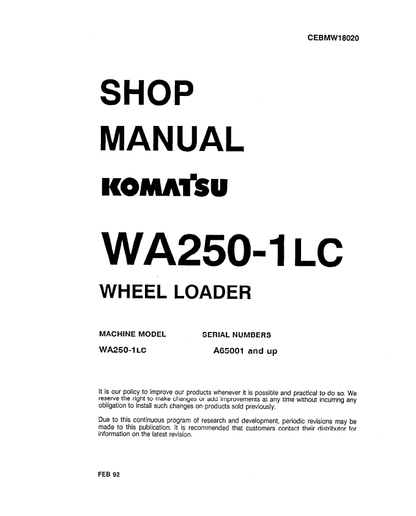 Komatsu WA250-1LC Wheel Loader Shop Manual CEBMW18020
